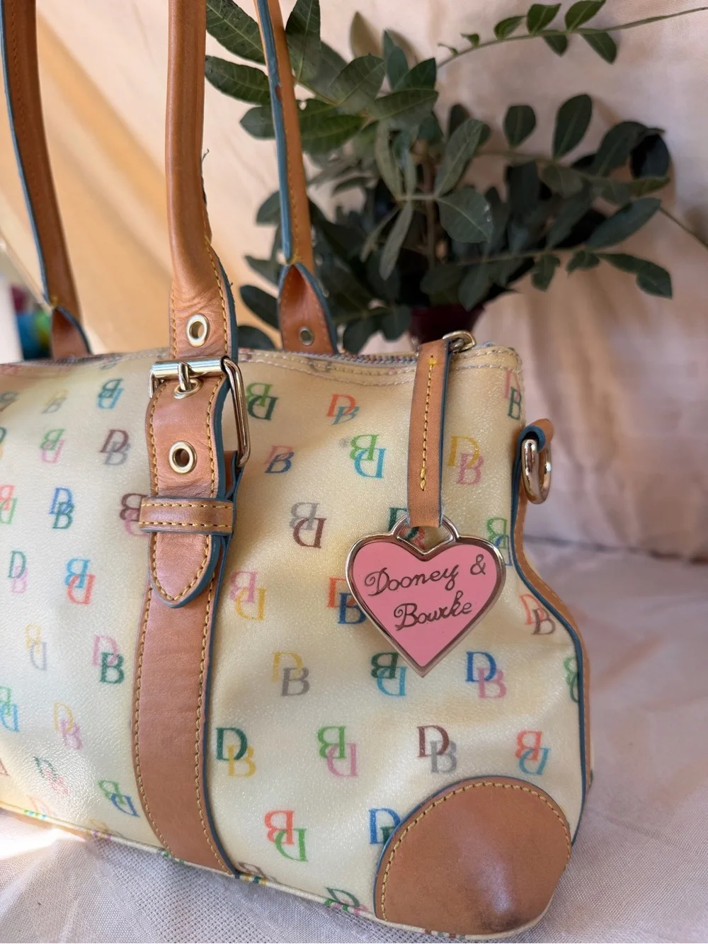 Dooney & Bourke Cream Multicolor DB Logo Satchel with Tan Trim
